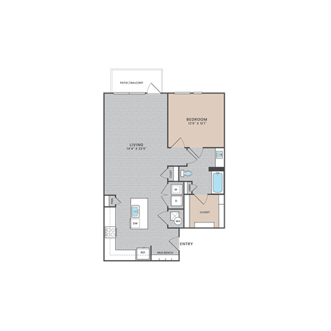 A floor plan of an apartment with a living room, bedroom, and bathroom.